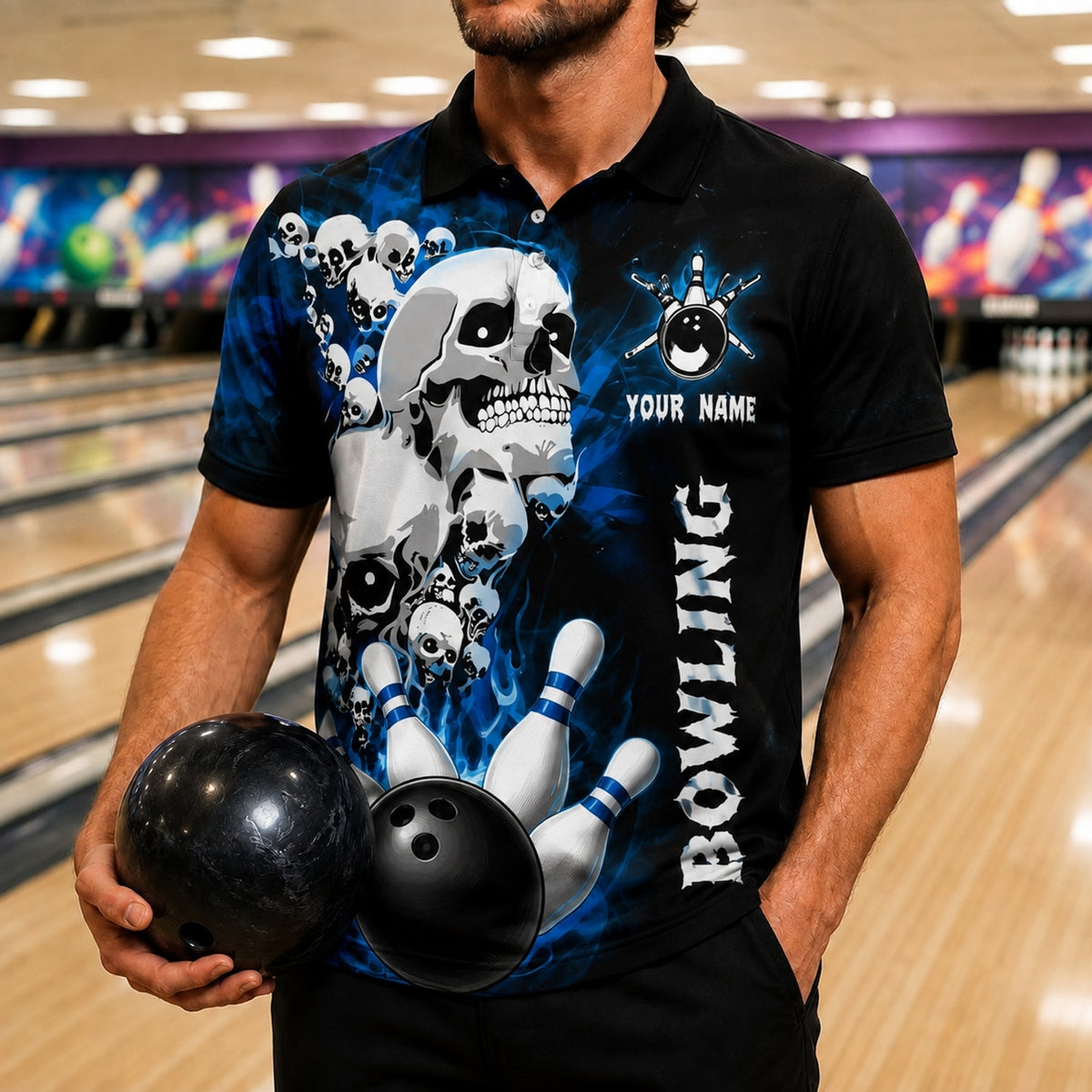 Skull Bowling Strike Graphic Custom Bowling Polo Shirt Front View