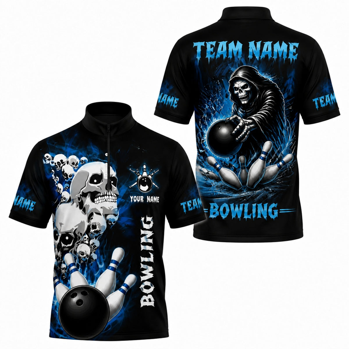 Skull Bowling Strike Graphic Custom Bowling Polo Shirt Jersey Zip 1 4 Collar