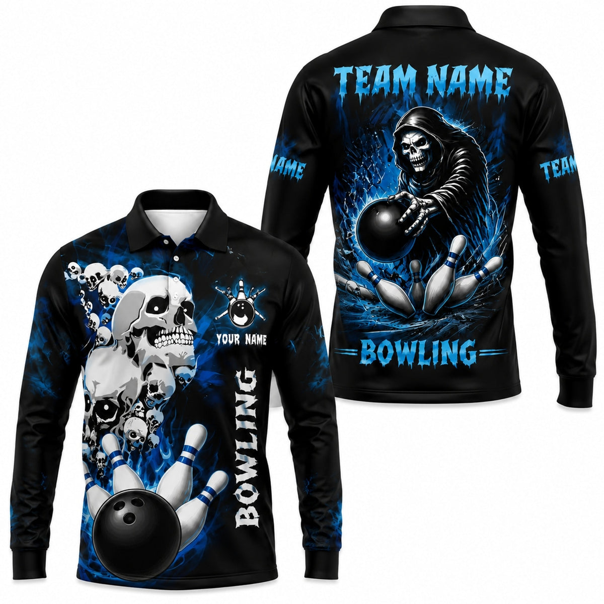 Skull Bowling Strike Graphic Custom Bowling Polo Shirt Long Sleeve Polo