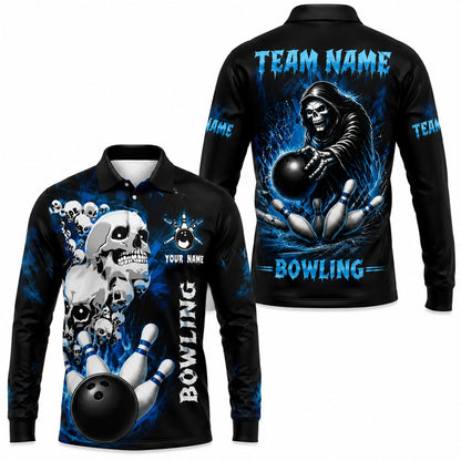 Skull Bowling Strike Graphic Custom Bowling Polo Shirt Long Sleeve Polo