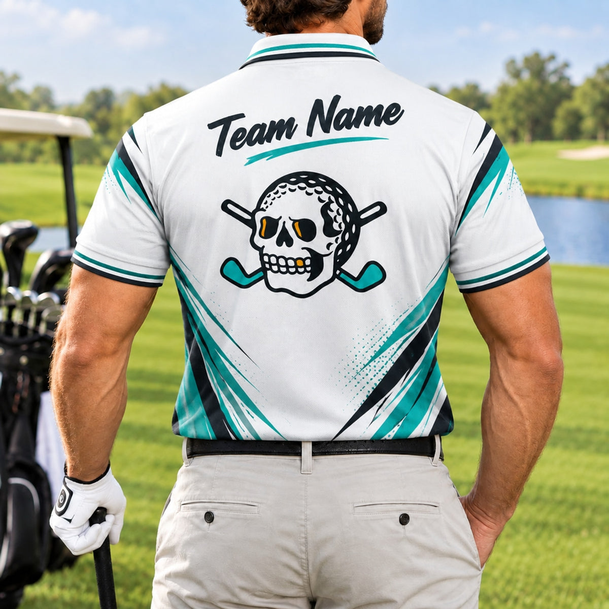 Skull Golf Ball Crossed Clubs Sport Custom Golf Polo Shirt Back View