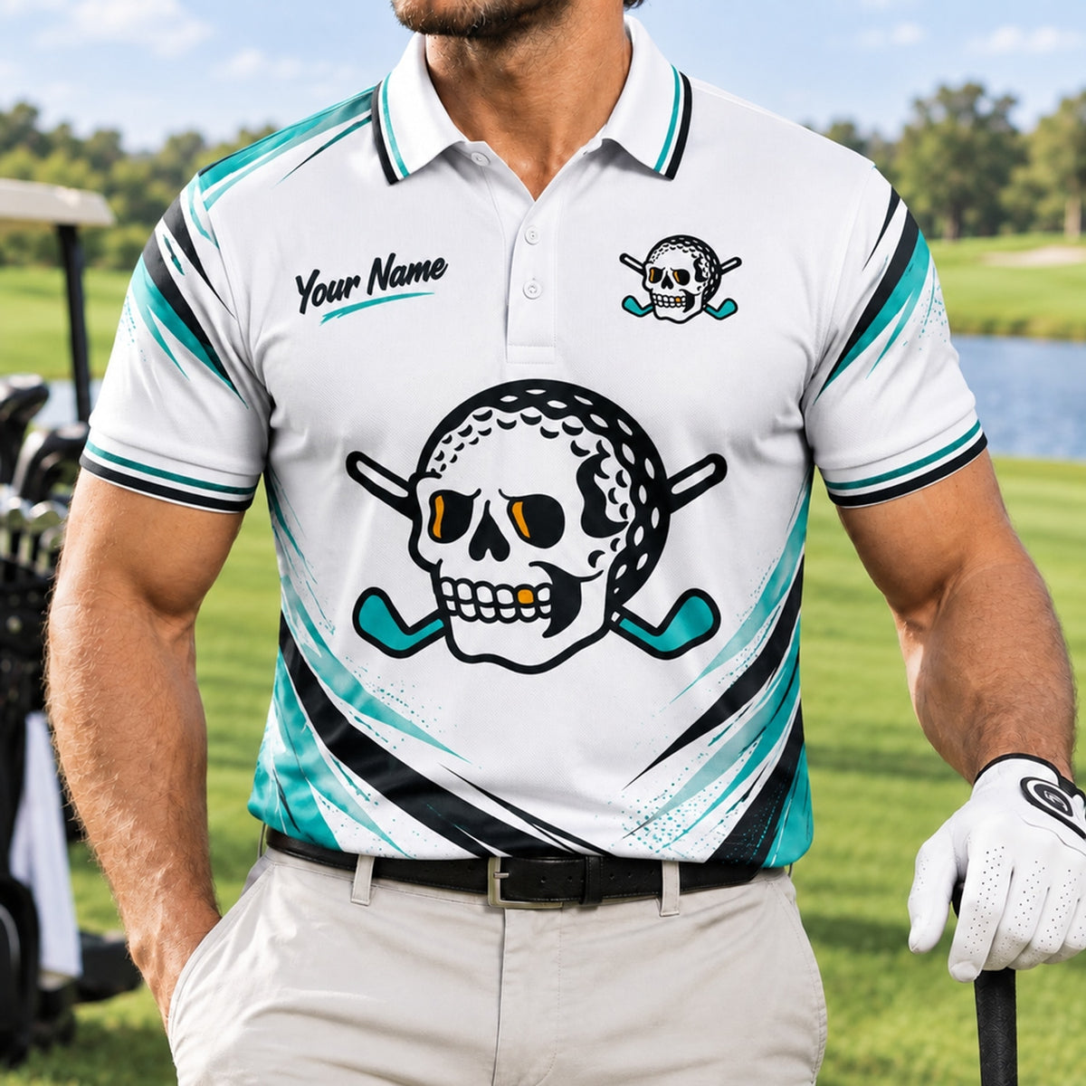 Skull Golf Ball Crossed Clubs Sport Custom Golf Polo Shirt Front View