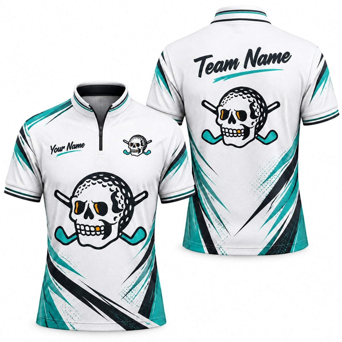 Skull Golf Ball Crossed Clubs Sport Custom Golf Polo Shirt Jersey Zip 1 4 Collar