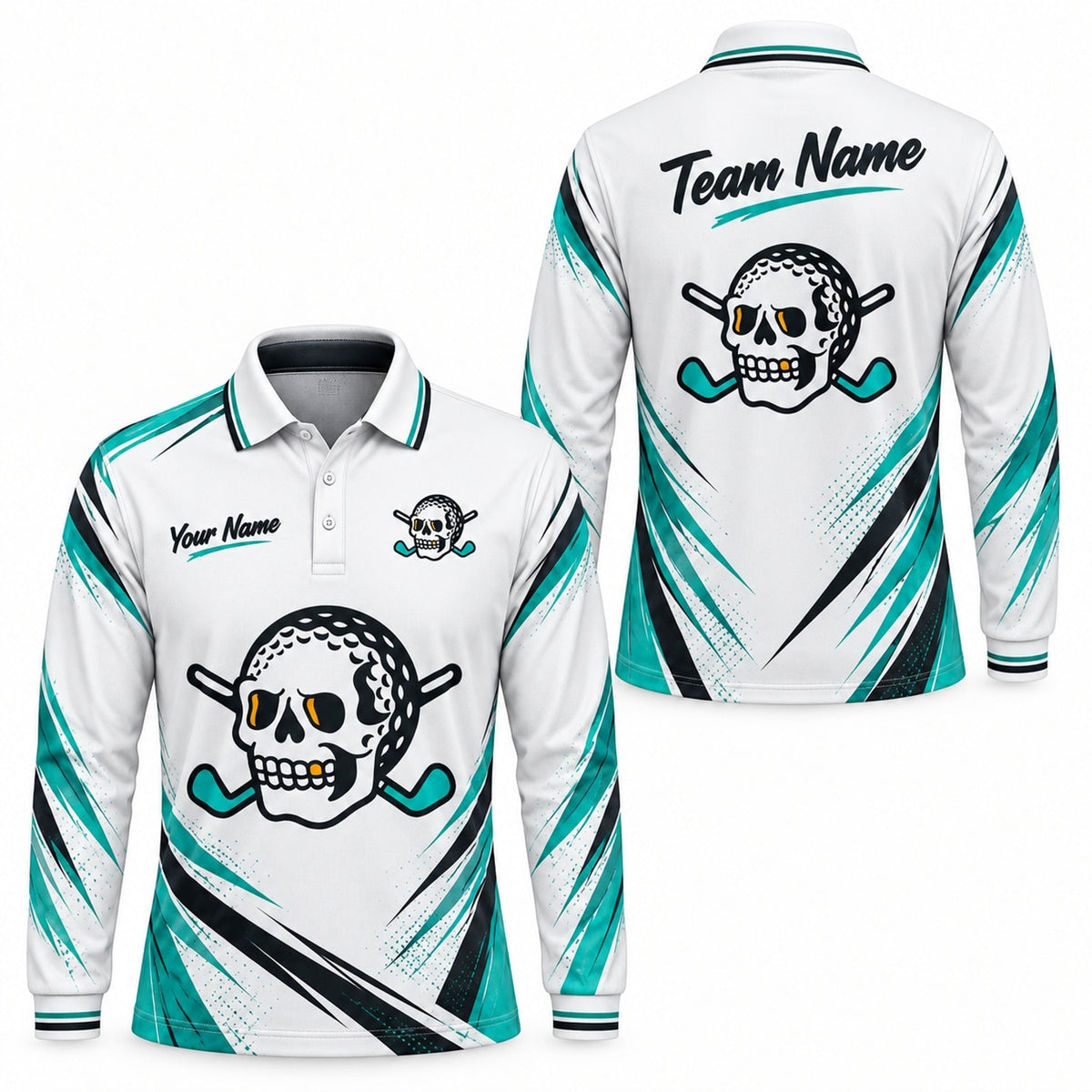 Skull Golf Ball Crossed Clubs Sport Custom Golf Polo Shirt Long Sleeve Polo