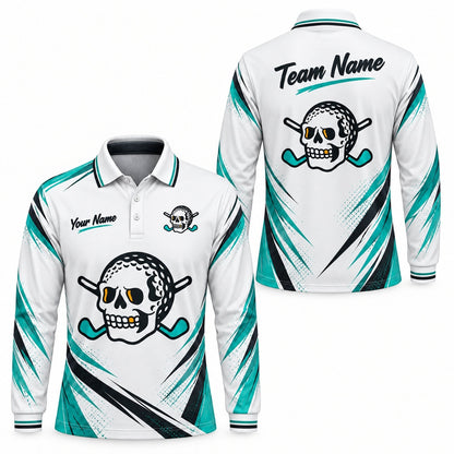 Skull Golf Ball Crossed Clubs Sport Custom Golf Polo Shirt Long Sleeve Polo