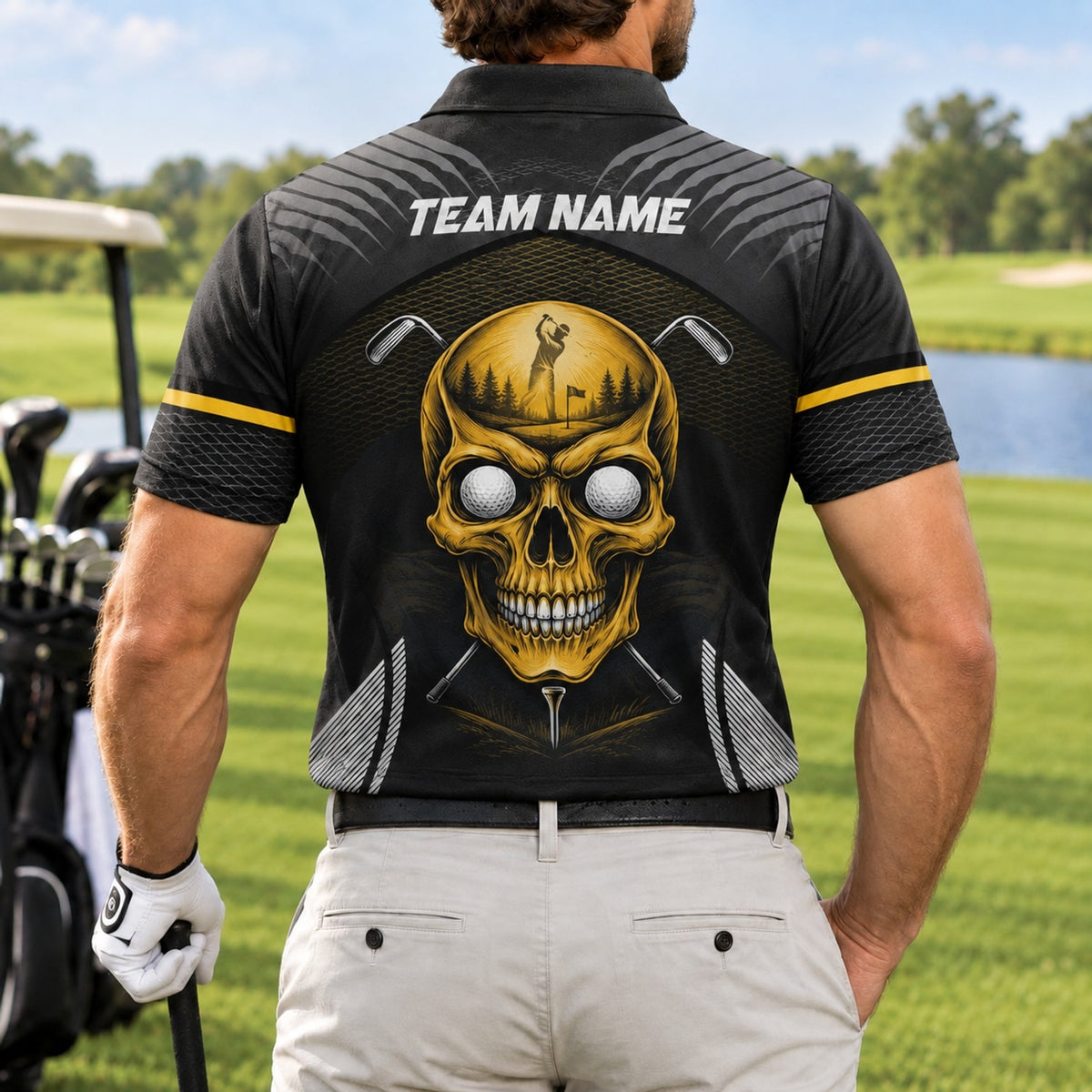 Skull Golfer Graphic Personalized Golf Polo Shirt Back View