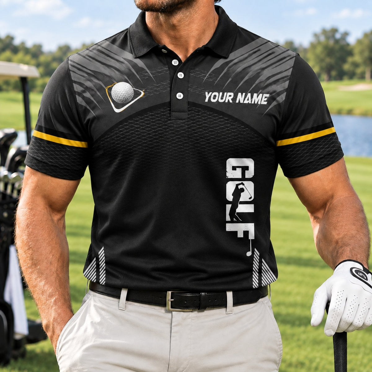 Skull Golfer Graphic Personalized Golf Polo Shirt Front View