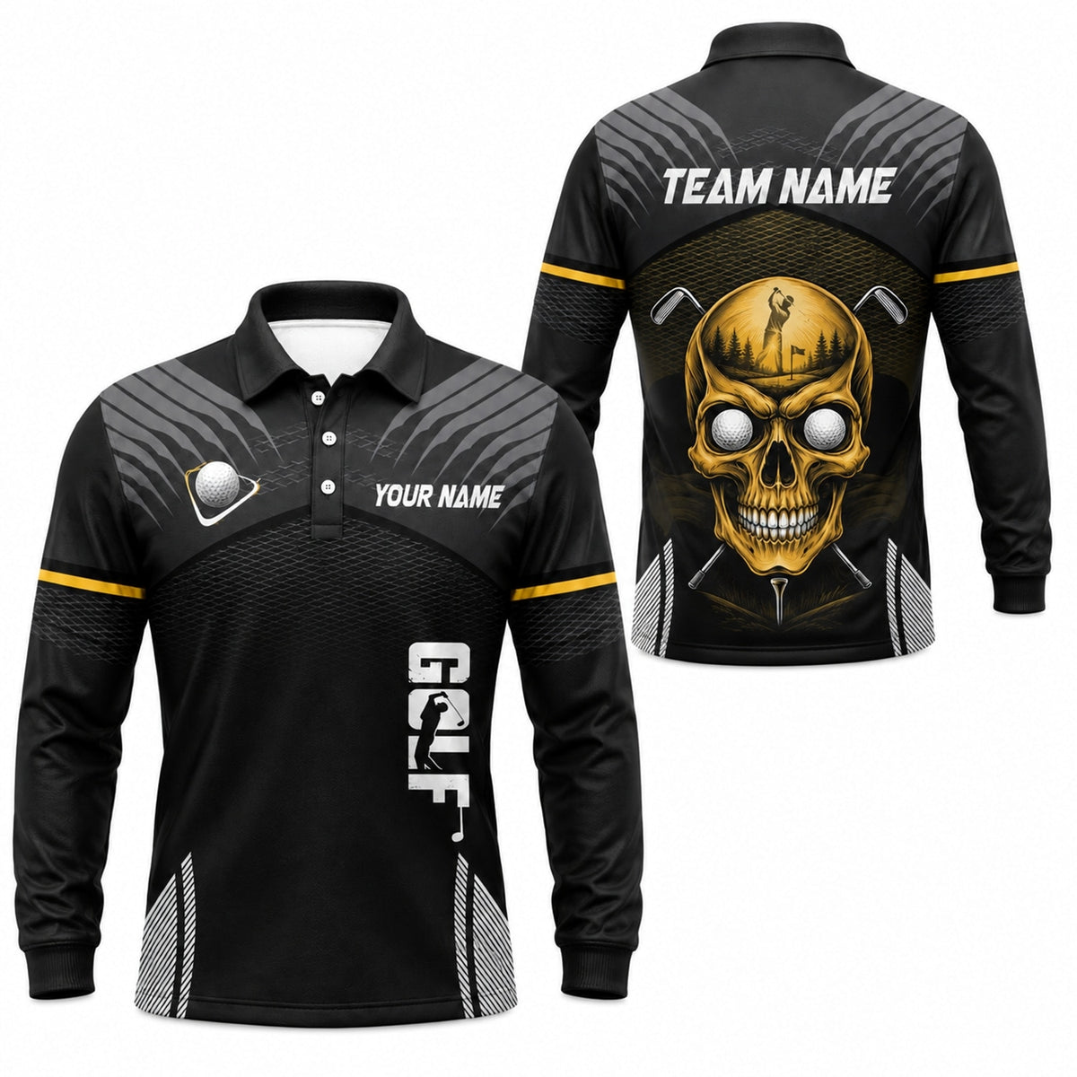 Skull Golfer Graphic Personalized Golf Polo Shirt Long Sleeve Polo
