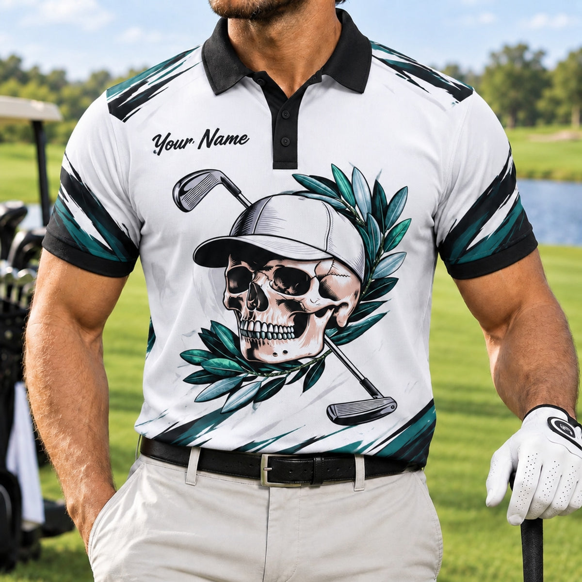 Skull Golfer Sport Personalized Golf Polo Shirt Front View