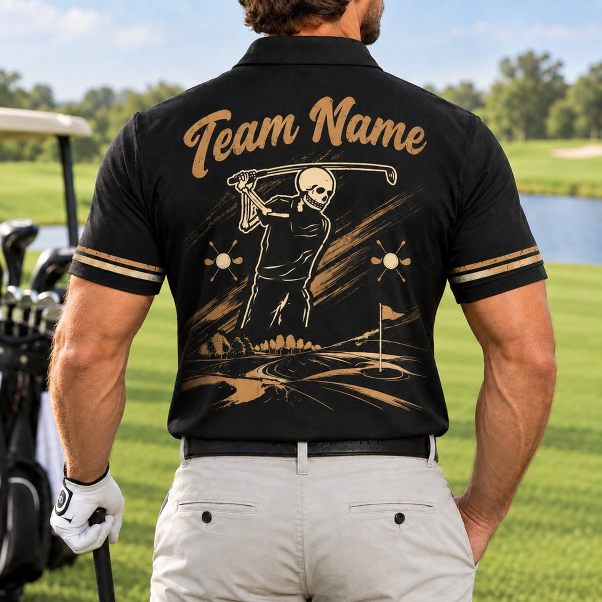 Skull Golfer Swing Sport Personalized Golf Polo Shirt Back View