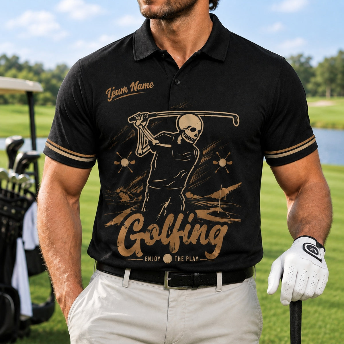 Skull Golfer Swing Sport Personalized Golf Polo Shirt Front View