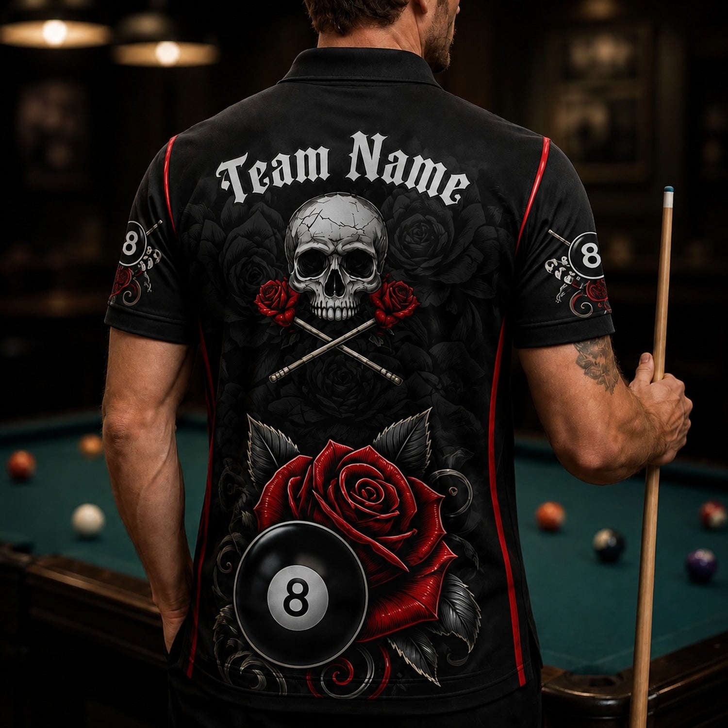 Skull Roses 8 Ball Graphic Personalized Billiard Polo Shirt Back View
