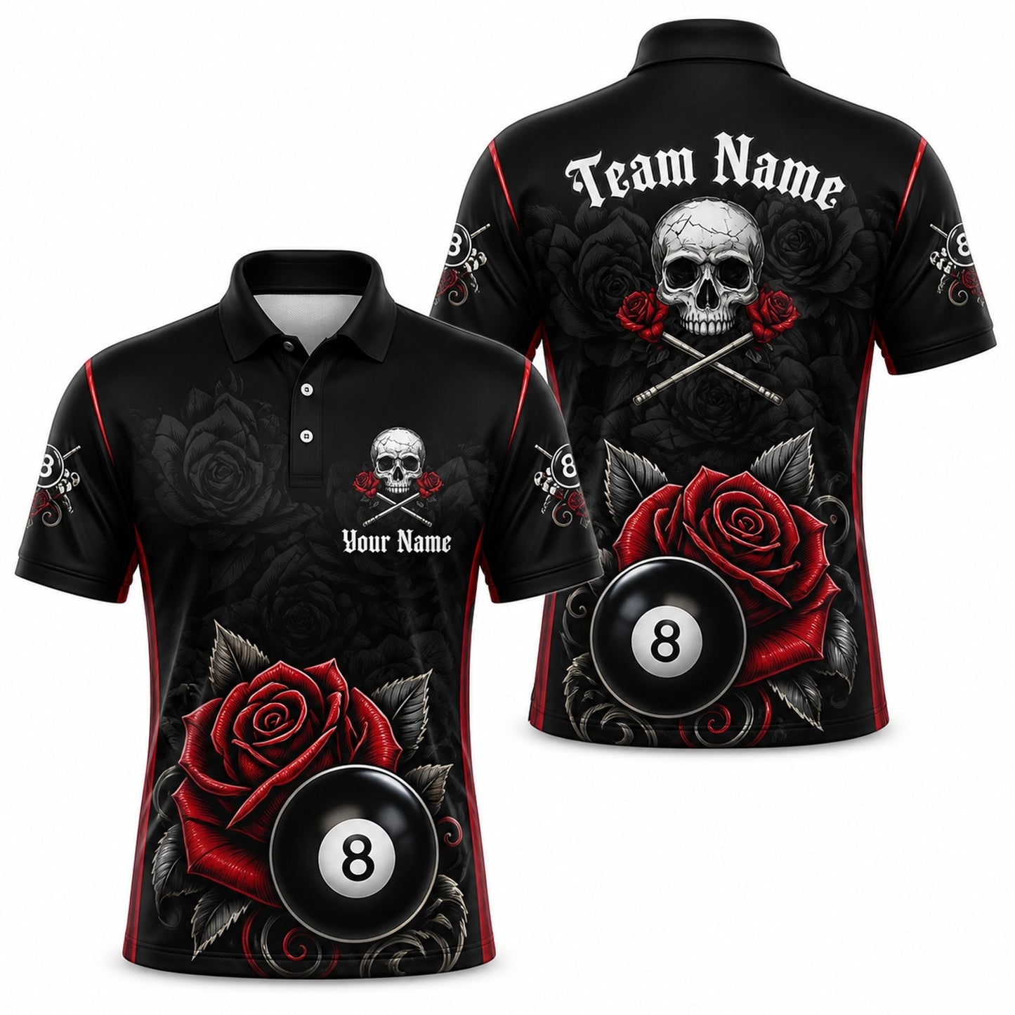 Skull Roses 8 Ball Graphic Personalized Billiard Polo Shirt