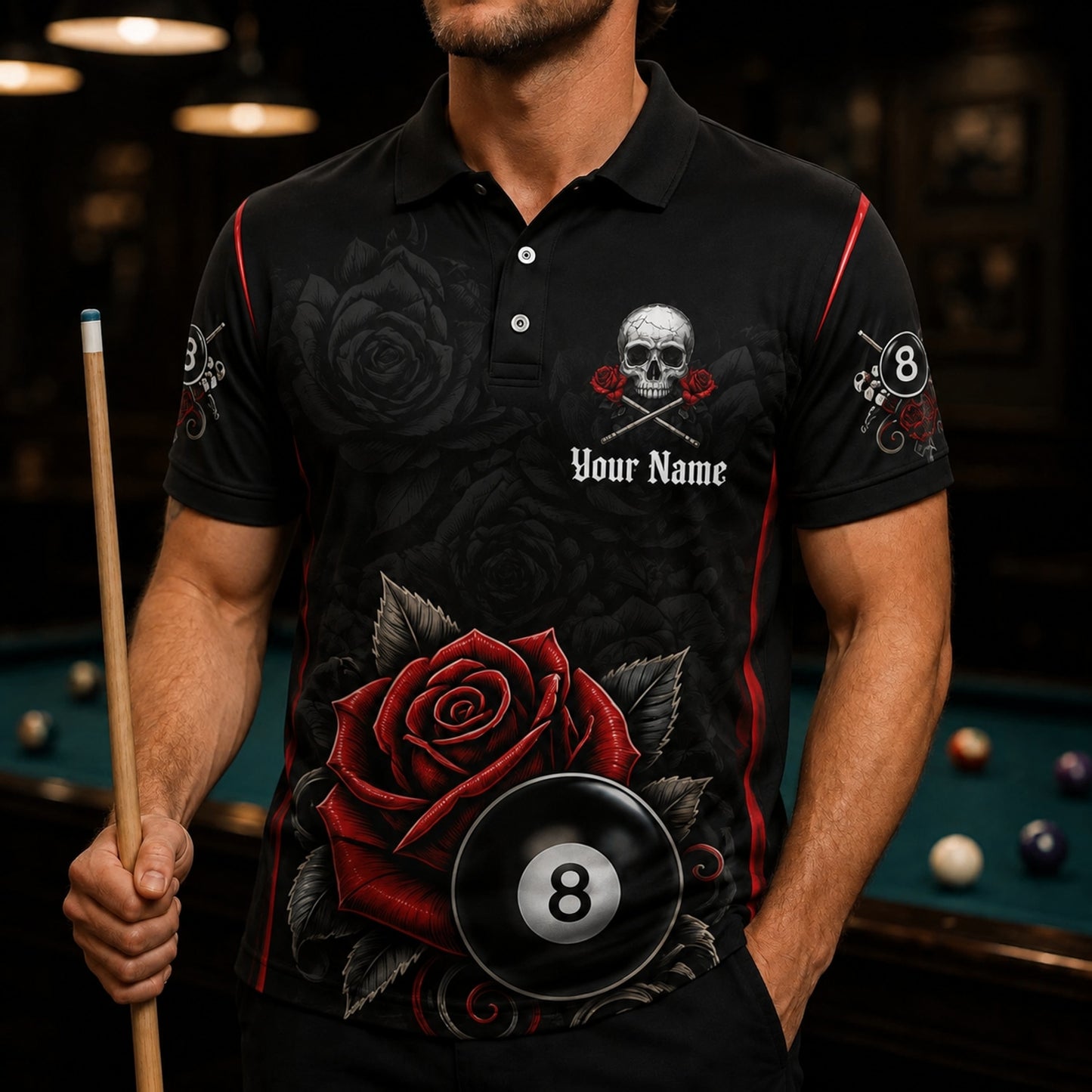Skull Roses 8 Ball Graphic Personalized Billiard Polo Shirt Front View