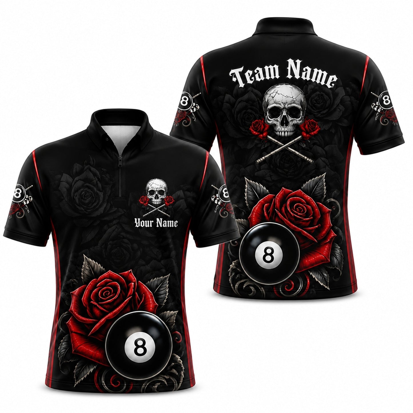 Skull Roses 8 Ball Graphic Personalized Billiard Polo Shirt Jersey Zip 1 4 Collar