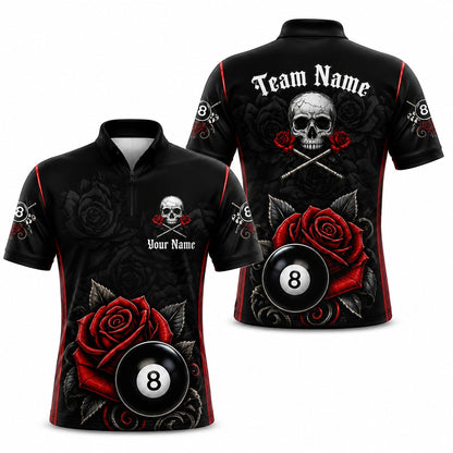 Skull Roses 8 Ball Graphic Personalized Billiard Polo Shirt Jersey Zip 1 4 Collar