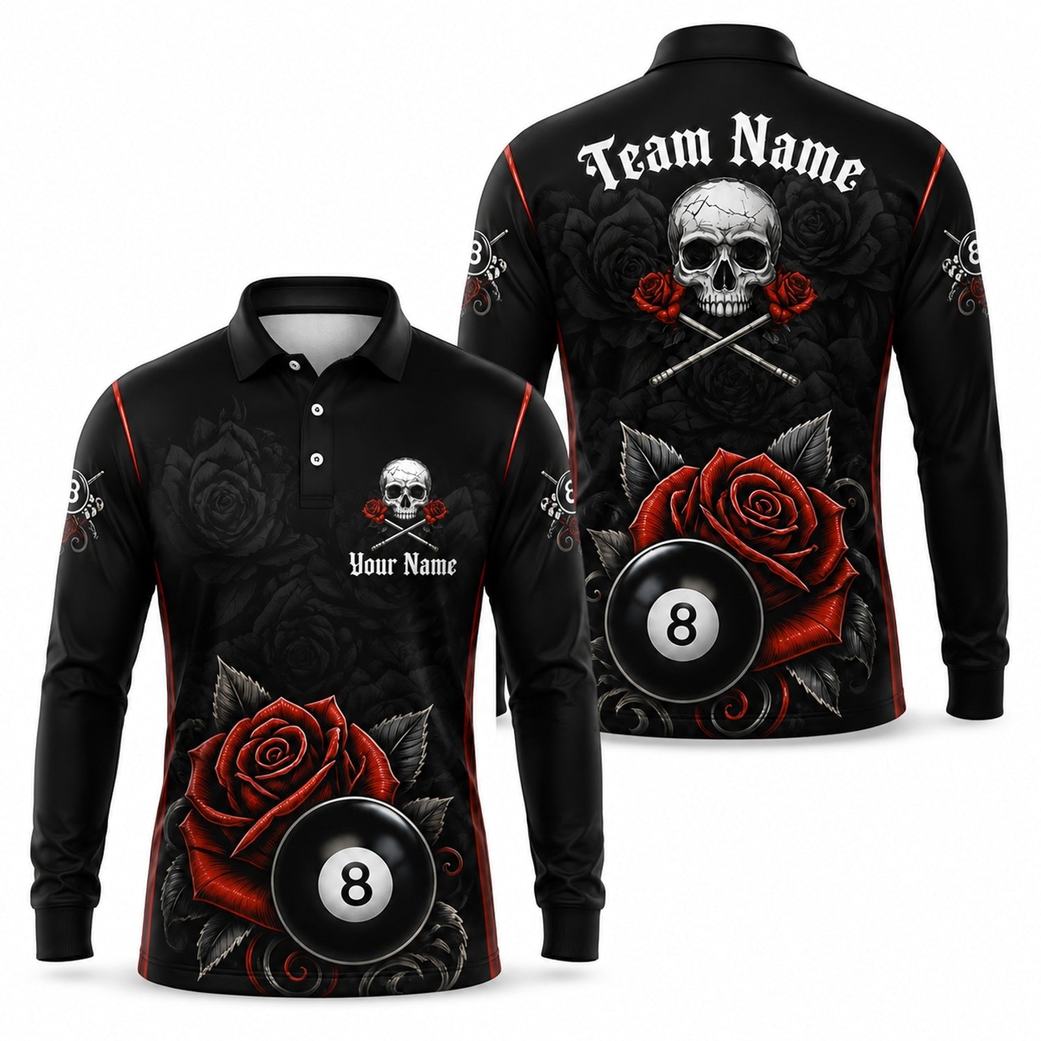 Skull Roses 8 Ball Graphic Personalized Billiard Polo Shirt Long Sleeve Polo