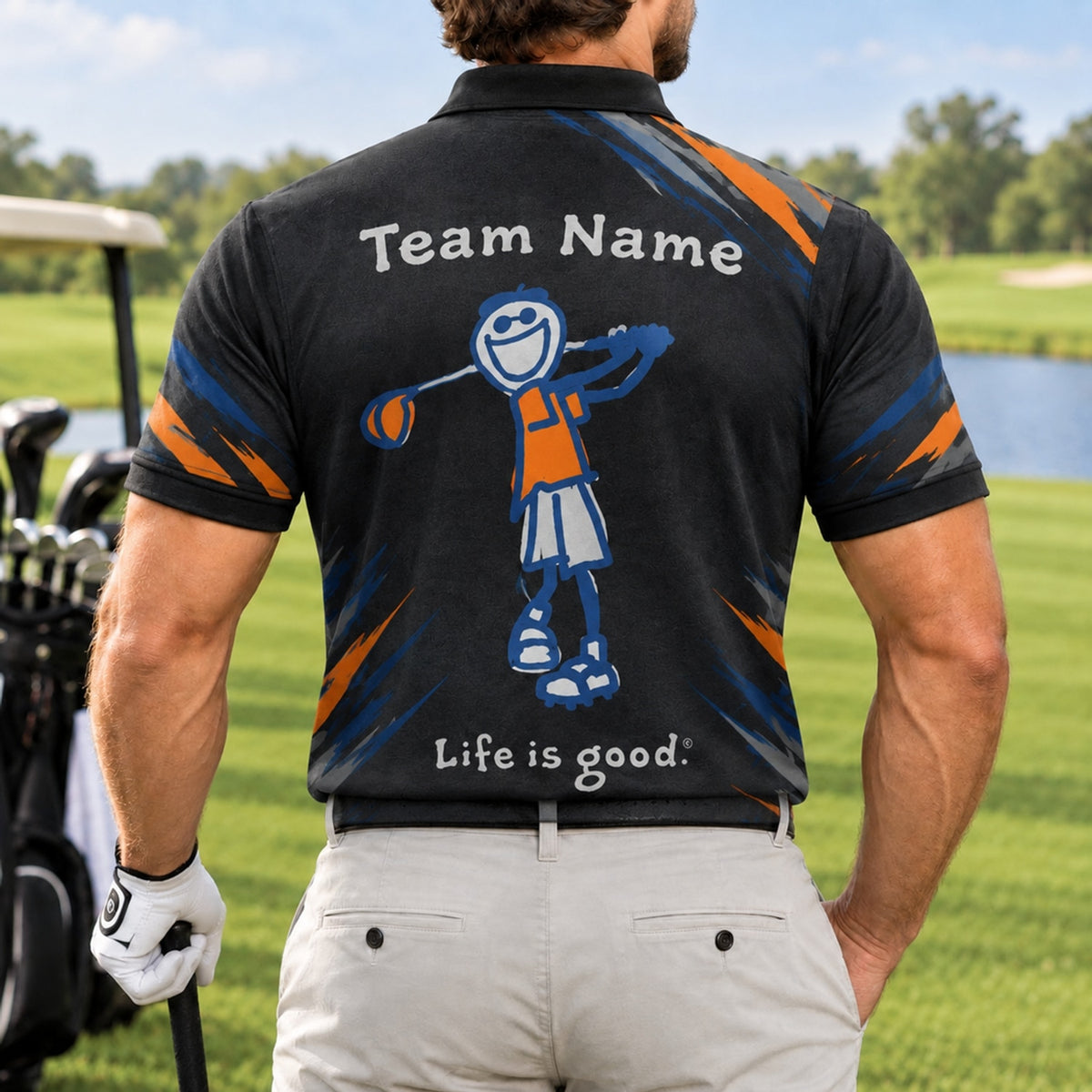 Smiling Golfer Illustration Sport Personalized Golf Polo Shirt Back View