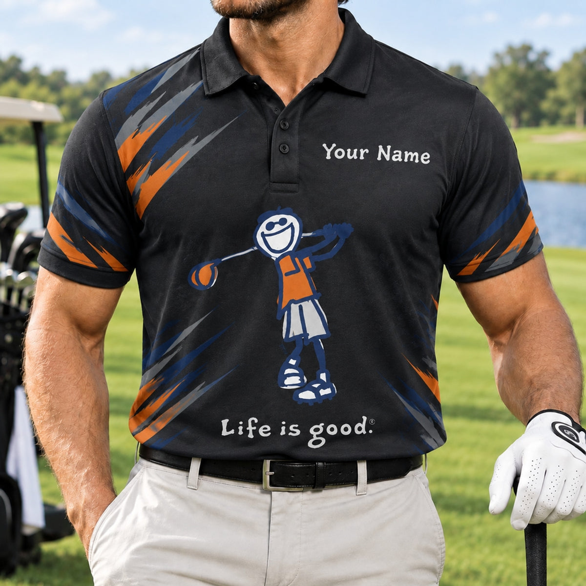 Smiling Golfer Illustration Sport Personalized Golf Polo Shirt Front View