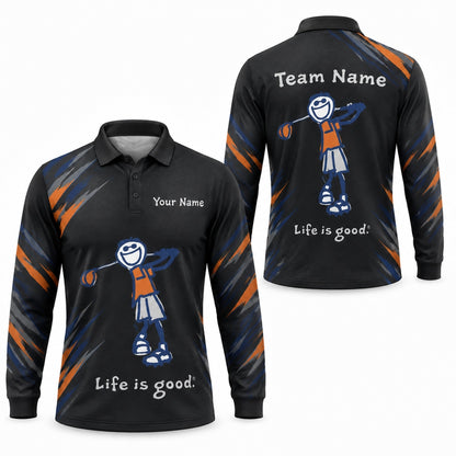 Smiling Golfer Illustration Sport Personalized Golf Polo Shirt Long Sleeve Polo