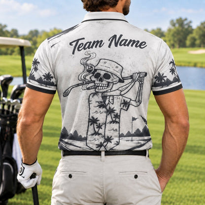 Smoking Skeleton Golfer Sport Personalized Golf Polo Shirt Back View