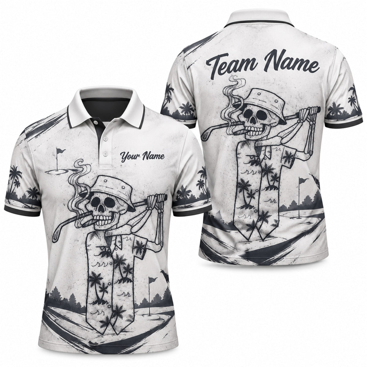 Smoking Skeleton Golfer Sport Personalized Golf Polo Shirt