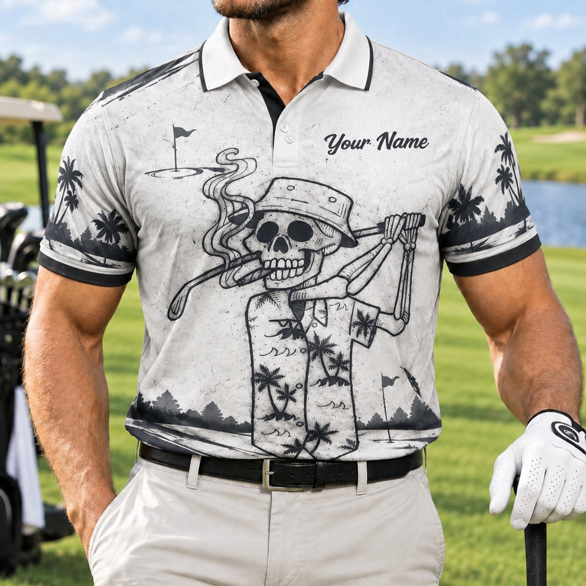 Smoking Skeleton Golfer Sport Personalized Golf Polo Shirt Front View