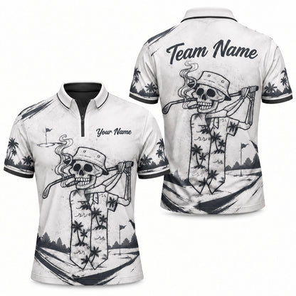 Smoking Skeleton Golfer Sport Personalized Golf Polo Shirt Jersey Zip 1 4 Collar