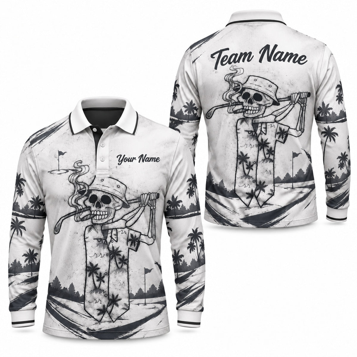 Smoking Skeleton Golfer Sport Personalized Golf Polo Shirt Long Sleeve Polo