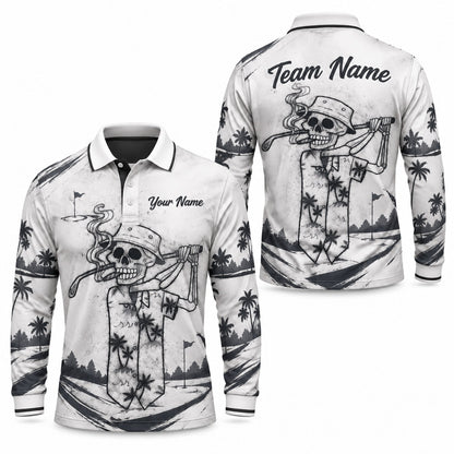 Smoking Skeleton Golfer Sport Personalized Golf Polo Shirt Long Sleeve Polo