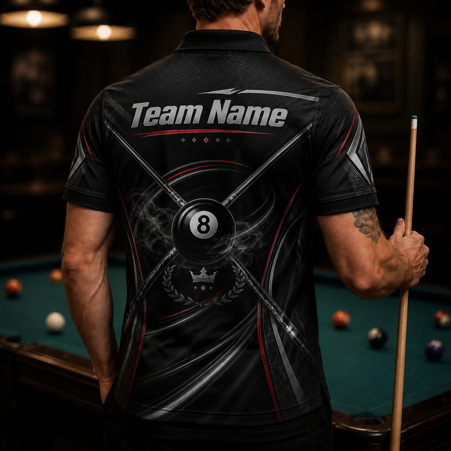 Smoky 8 Ball Cues Sport Custom Billiard Polo Shirt Back View