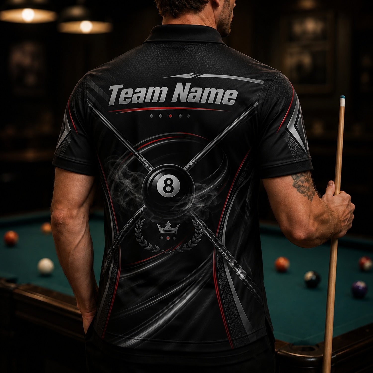 Smoky 8 Ball Cues Sport Custom Billiard Polo Shirt Back View