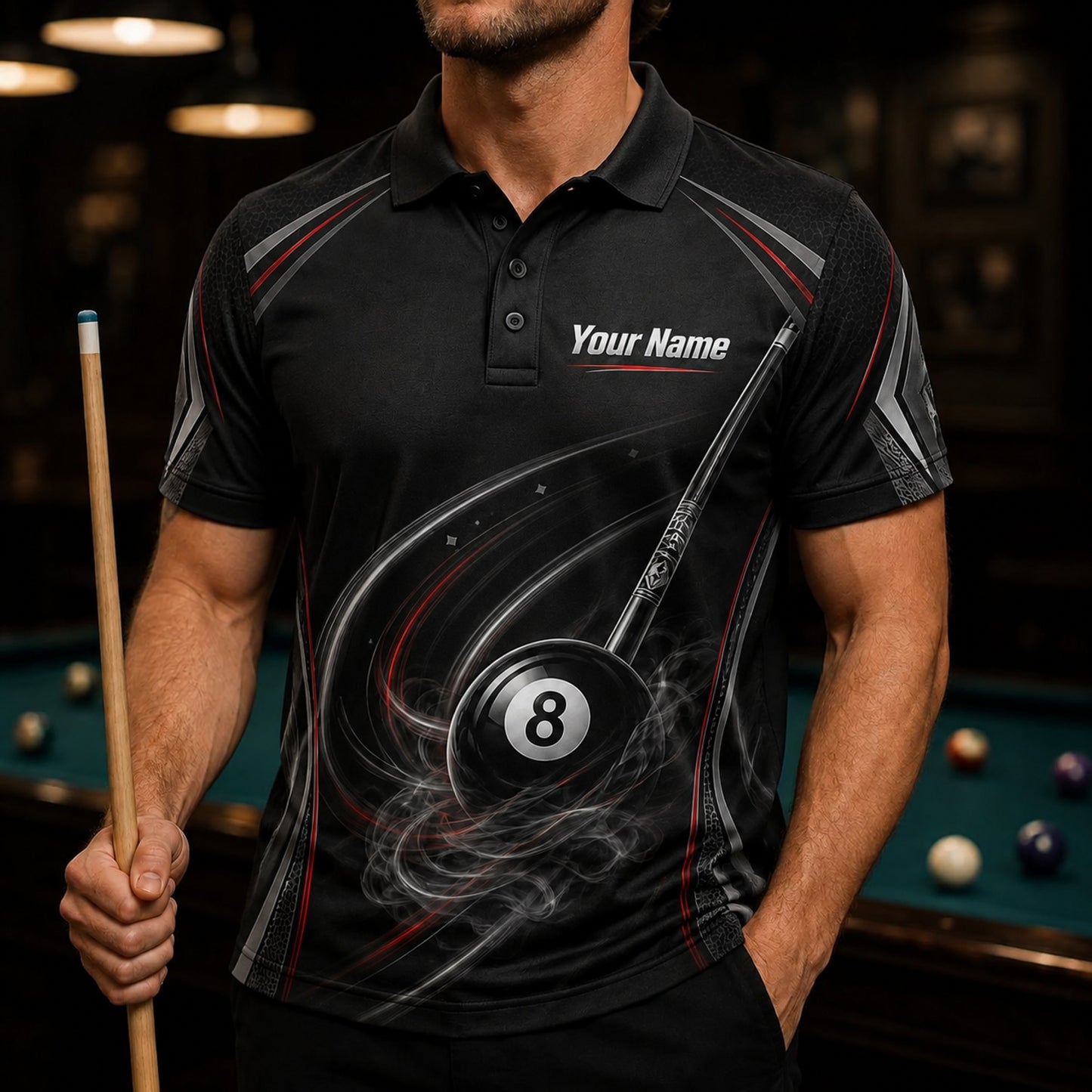Smoky 8 Ball Cues Sport Custom Billiard Polo Shirt Front View