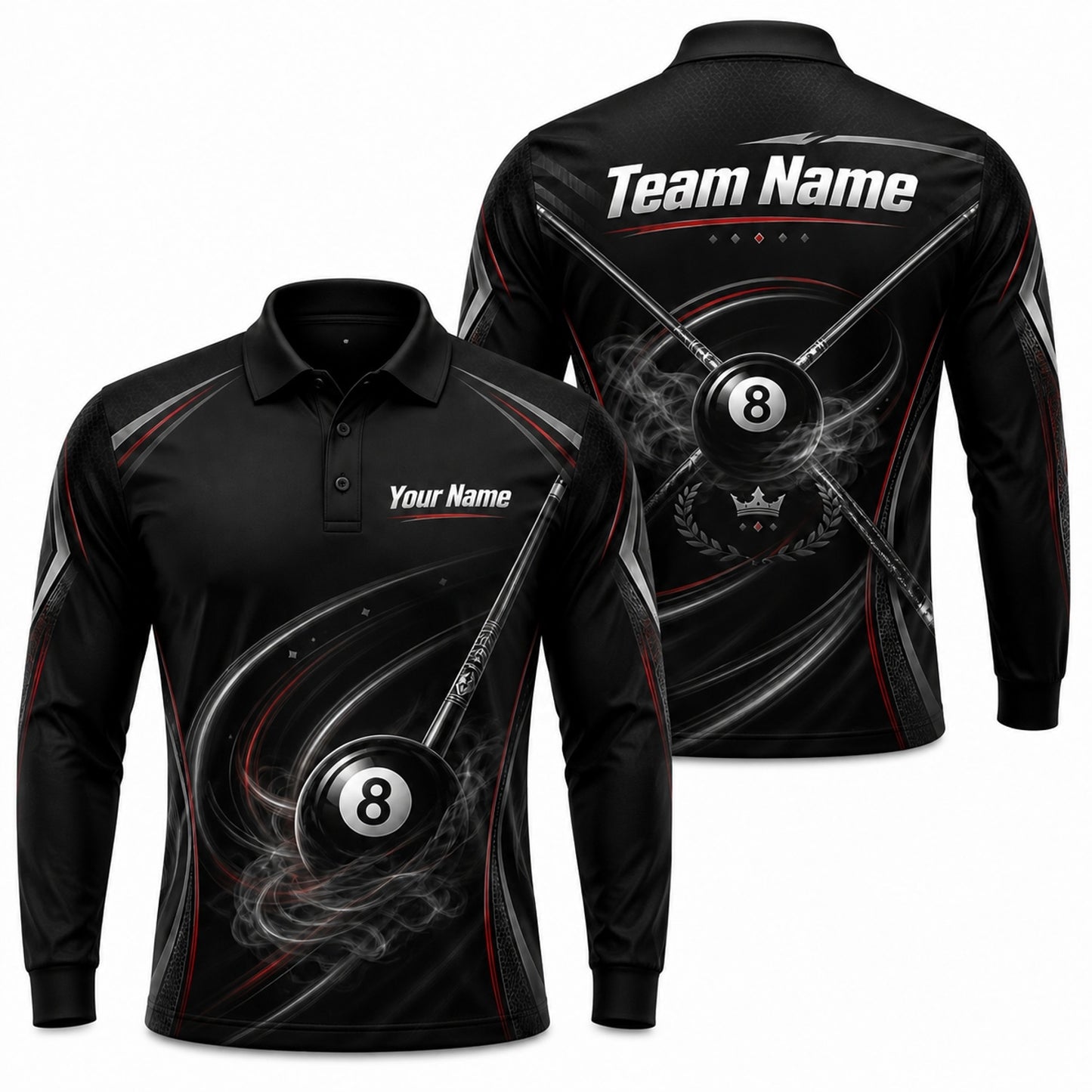 Smoky 8 Ball Cues Sport Custom Billiard Polo Shirt Long Sleeve Polo