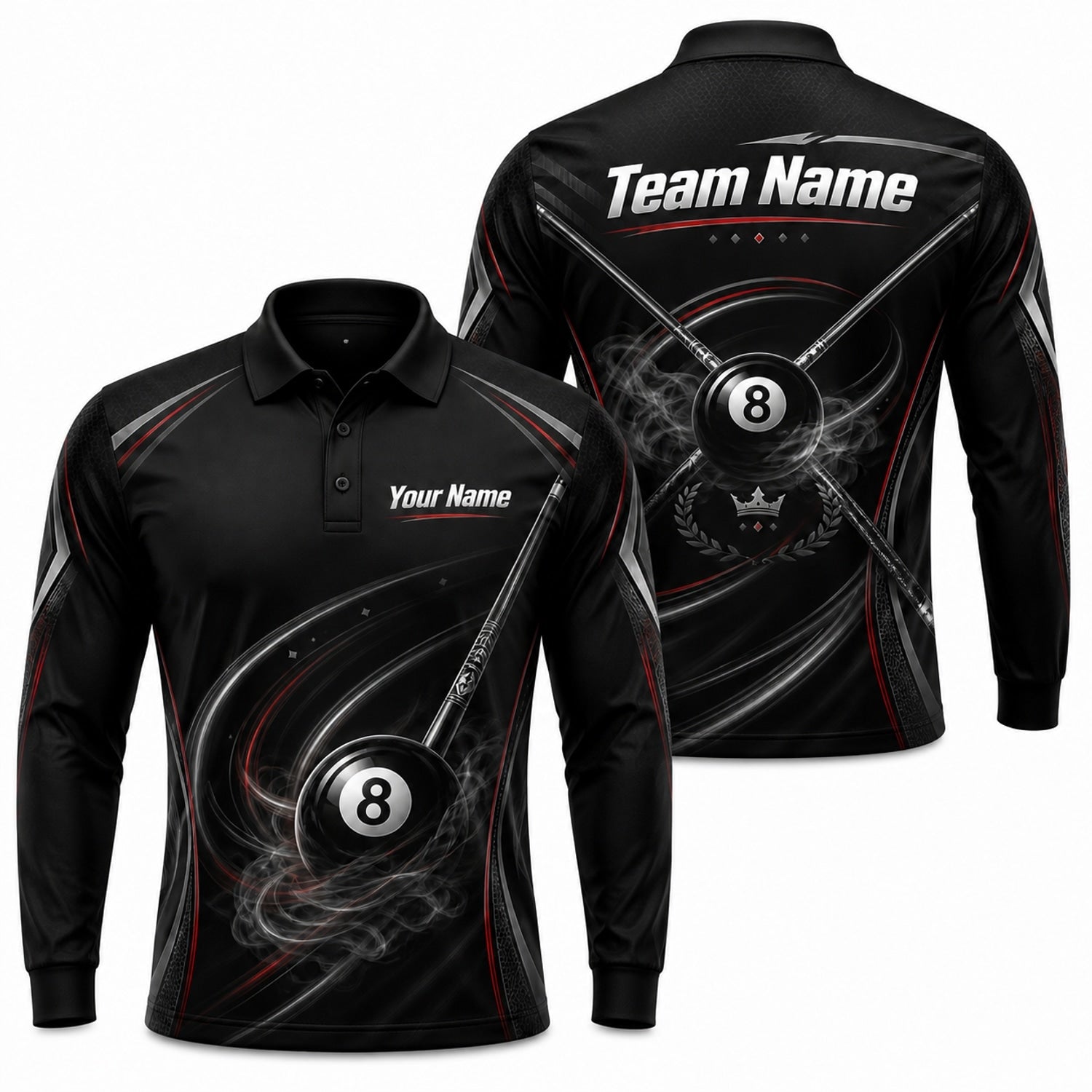 Smoky 8 Ball Cues Sport Custom Billiard Polo Shirt Long Sleeve Polo