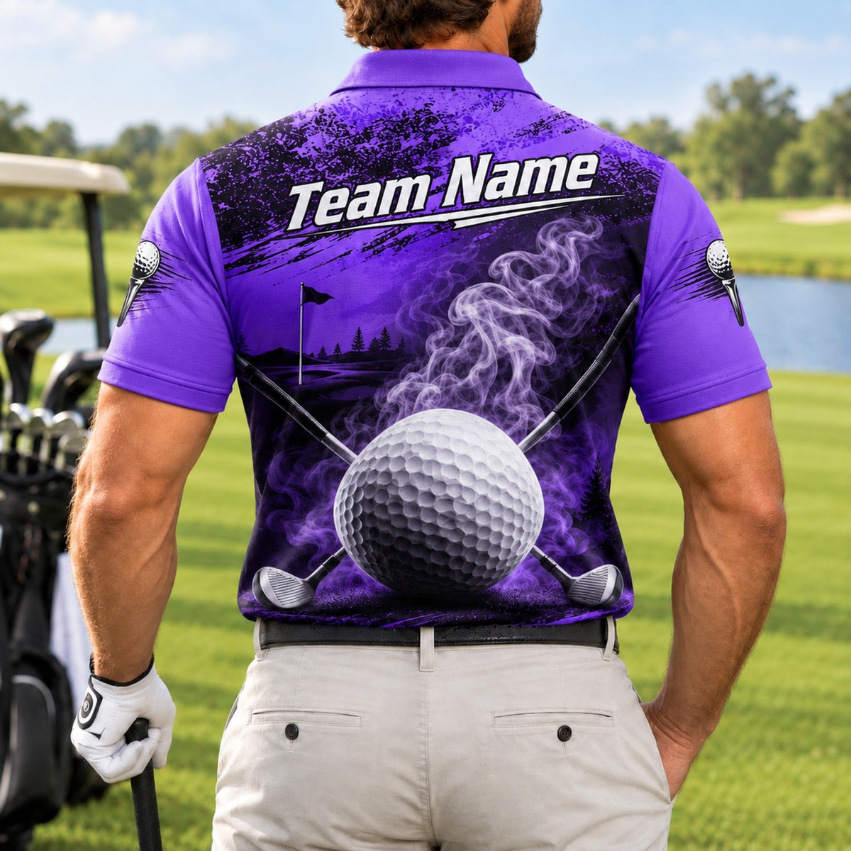 Smoky Golf Ball Crossed Clubs Sport Personalized Golf Polo Shirt Back View