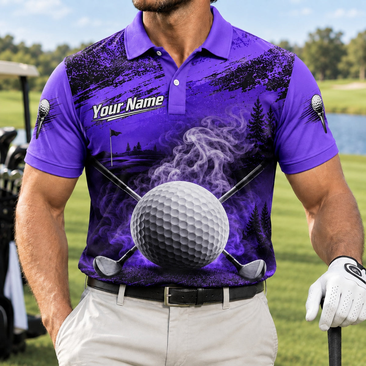 Smoky Golf Ball Crossed Clubs Sport Personalized Golf Polo Shirt Front View