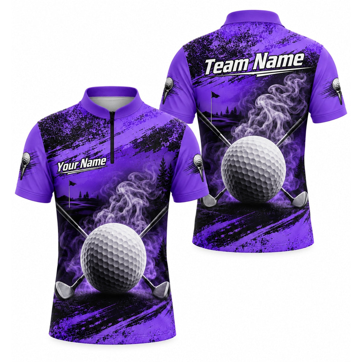 Smoky Golf Ball Crossed Clubs Sport Personalized Golf Polo Shirt Jersey Zip 1 4 Collar