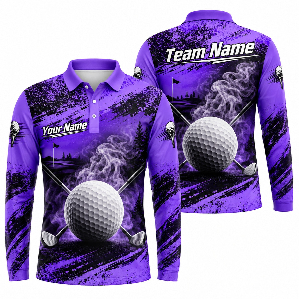 Smoky Golf Ball Crossed Clubs Sport Personalized Golf Polo Shirt Long Sleeve Polo