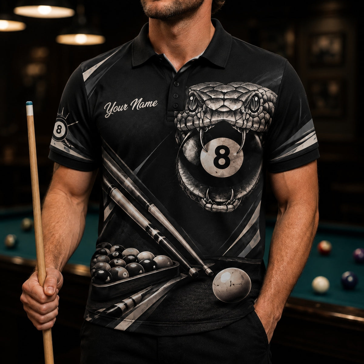 Snake 8-Ball Billiards Sport Custom Billiard Polo Shirt Front View
