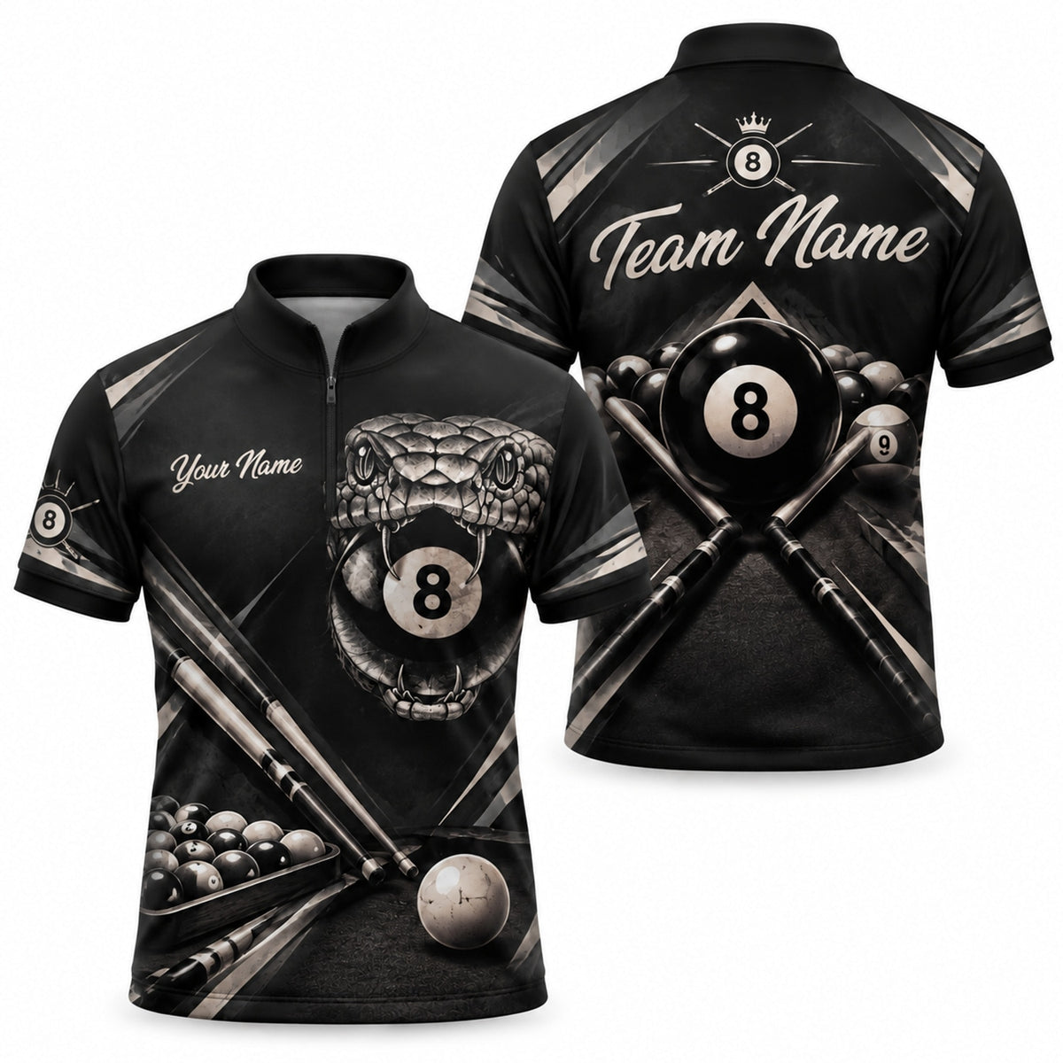 Snake 8-Ball Billiards Sport Custom Billiard Polo Shirt Jersey Zip 1 4 Collar