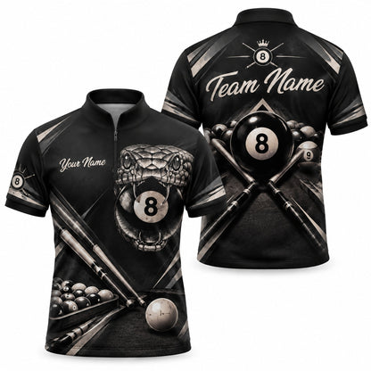 Snake 8-Ball Billiards Sport Custom Billiard Polo Shirt Jersey Zip 1 4 Collar