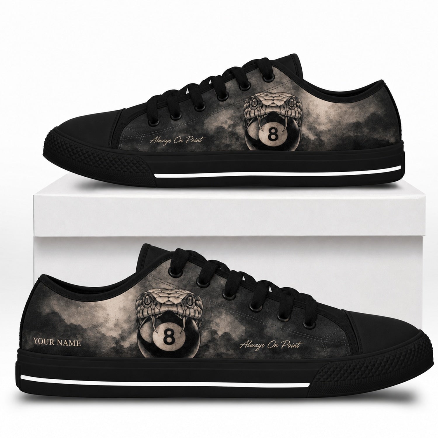 Snake Eight Ball Graphic Personalized Low Top Shoes Box Black