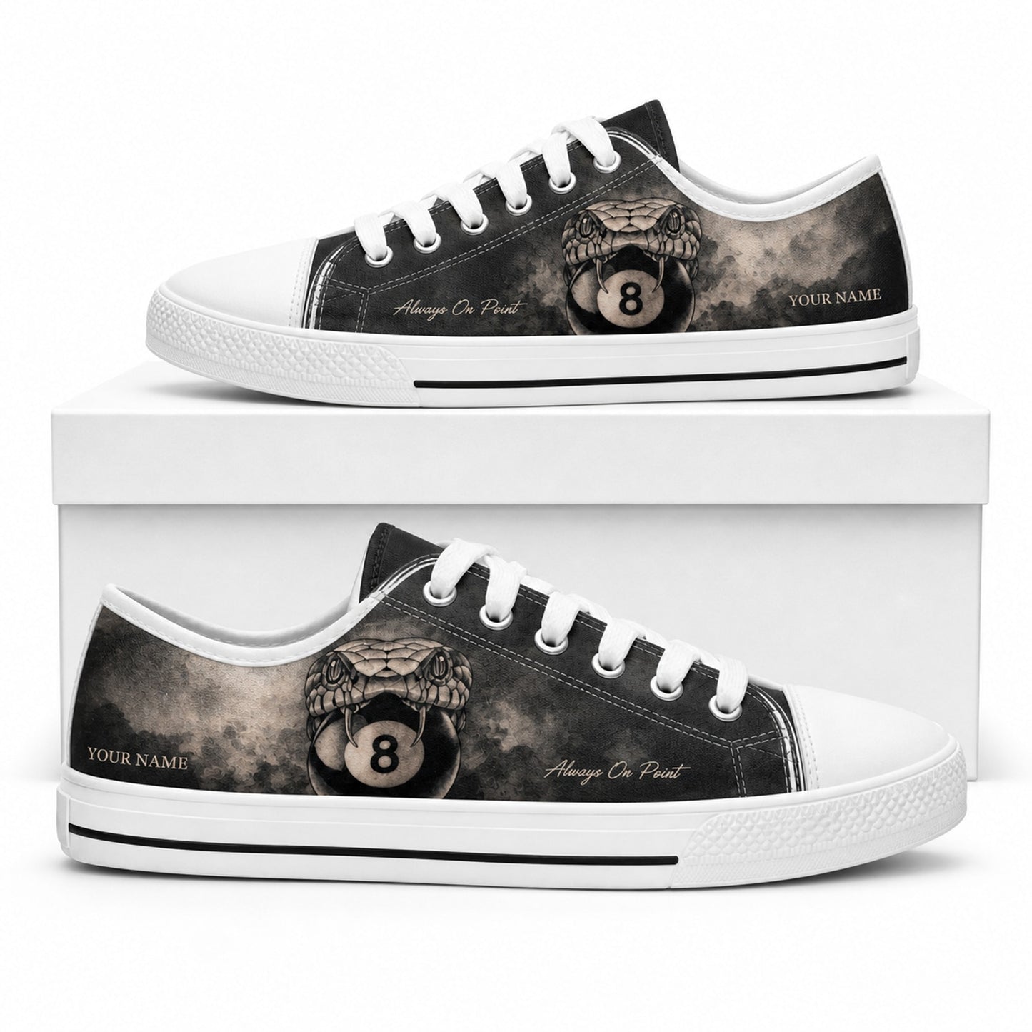 Snake Eight Ball Graphic Personalized Low Top Shoes Box White