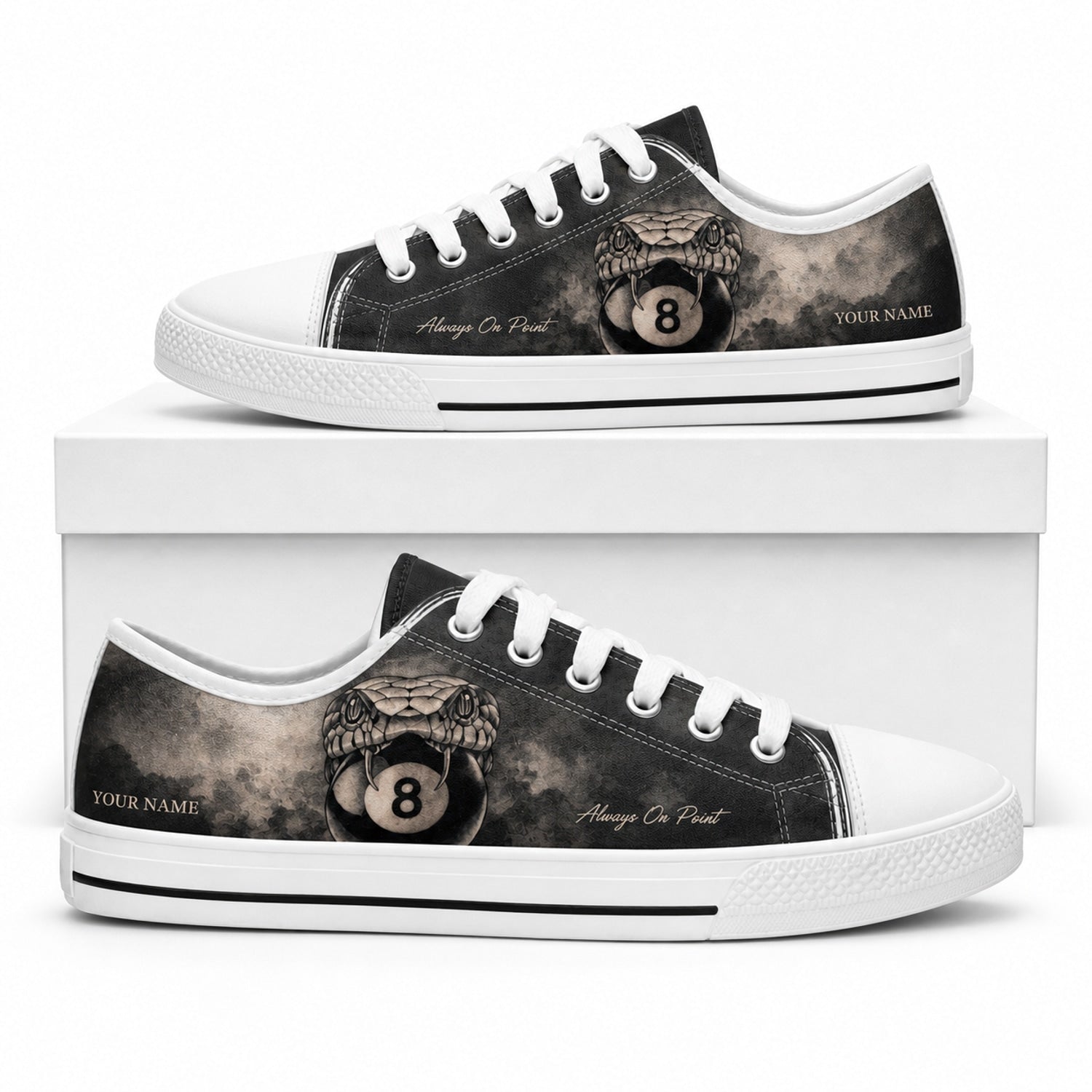 Snake Eight Ball Graphic Personalized Low Top Shoes Box White
