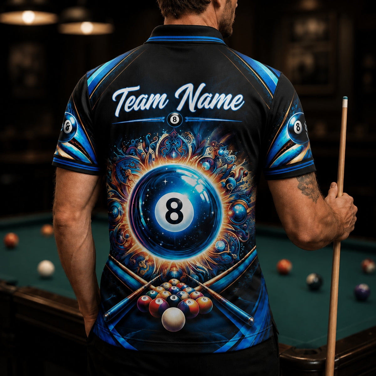 Solar 8 Ball Graphic Personalized Billiard Polo Shirt Back View