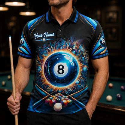 Solar 8 Ball Graphic Personalized Billiard Polo Shirt Front View