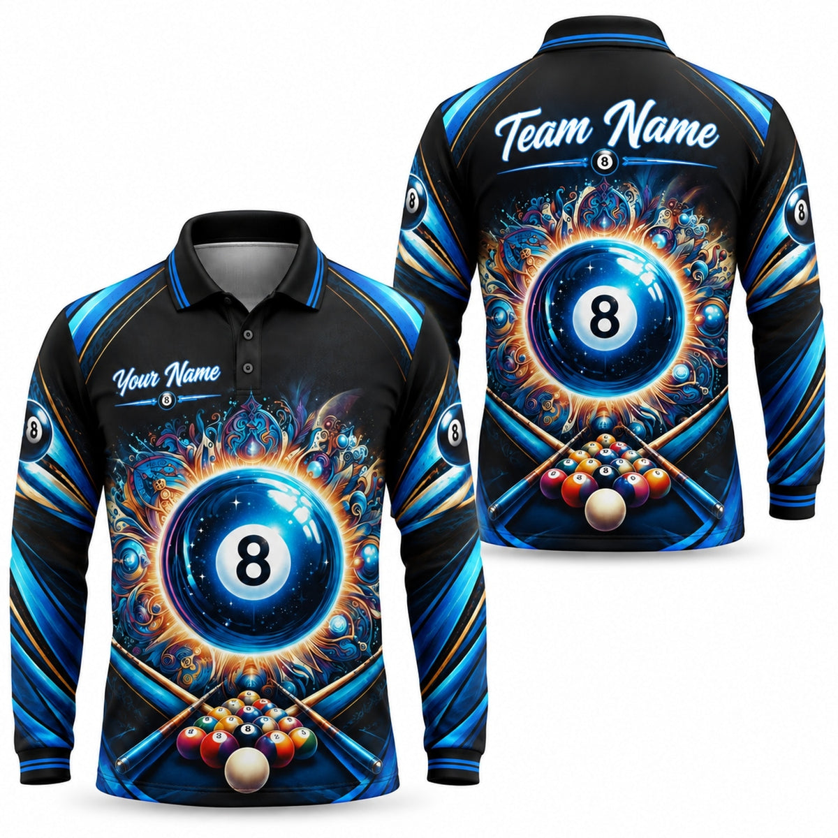 Solar 8 Ball Graphic Personalized Billiard Polo Shirt Long Sleeve Polo