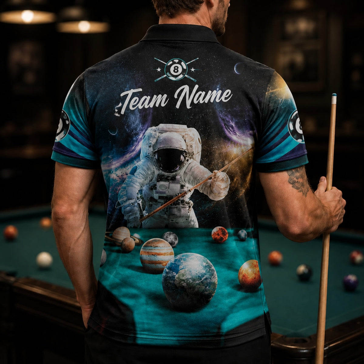 Space Astronaut Billiards Graphic Personalized Billiard Polo Shirt Back View