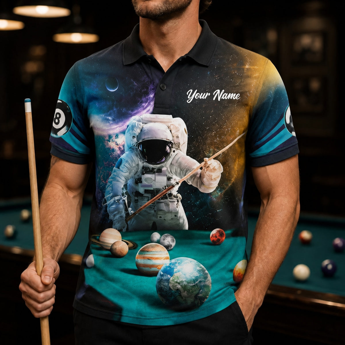 Space Astronaut Billiards Graphic Personalized Billiard Polo Shirt Front View